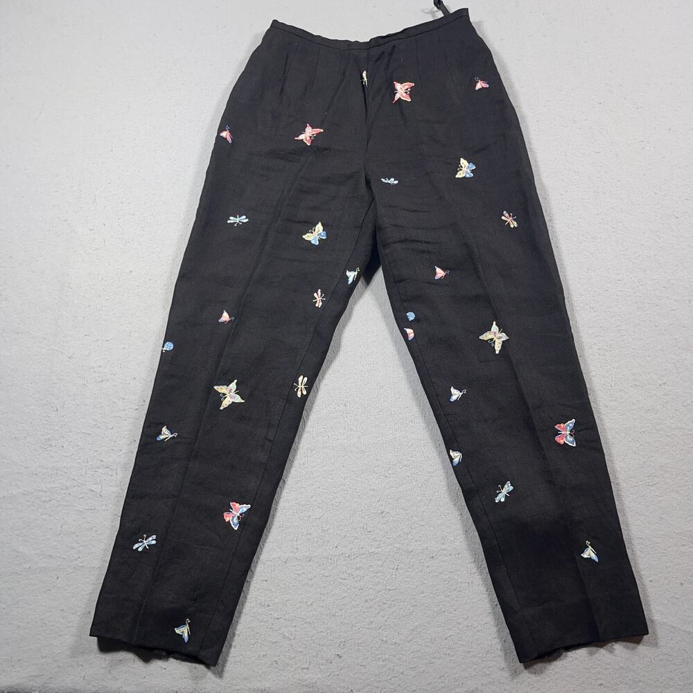 Talbots Dress Pants Women 8 High Rise Butterfly Embroidered Black Linen Casual
